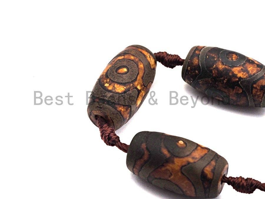 1pc/11pc Natural Etched Tibetan Agate Barrel Beads, Ancient Brown Dzi Drum Beads, Tibetan Dzi Beads, 15x25mm, sku#U512