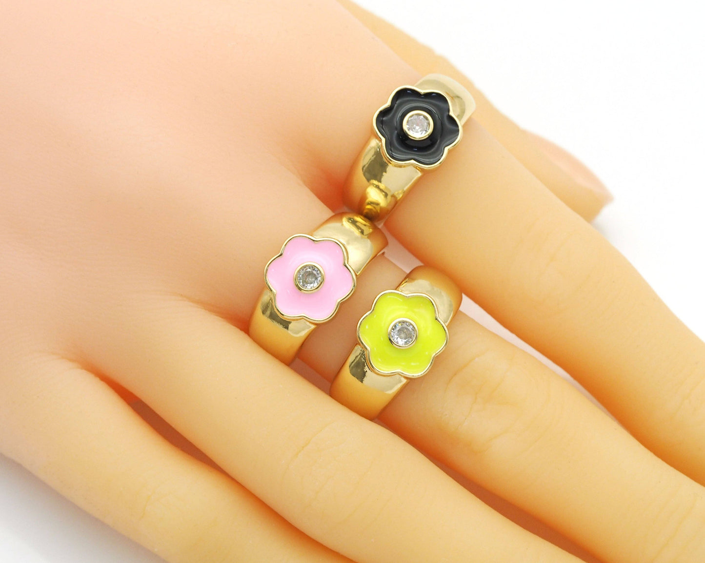 Gold Colorful Enamel Flower Adjustable Ring, Sku#LX180