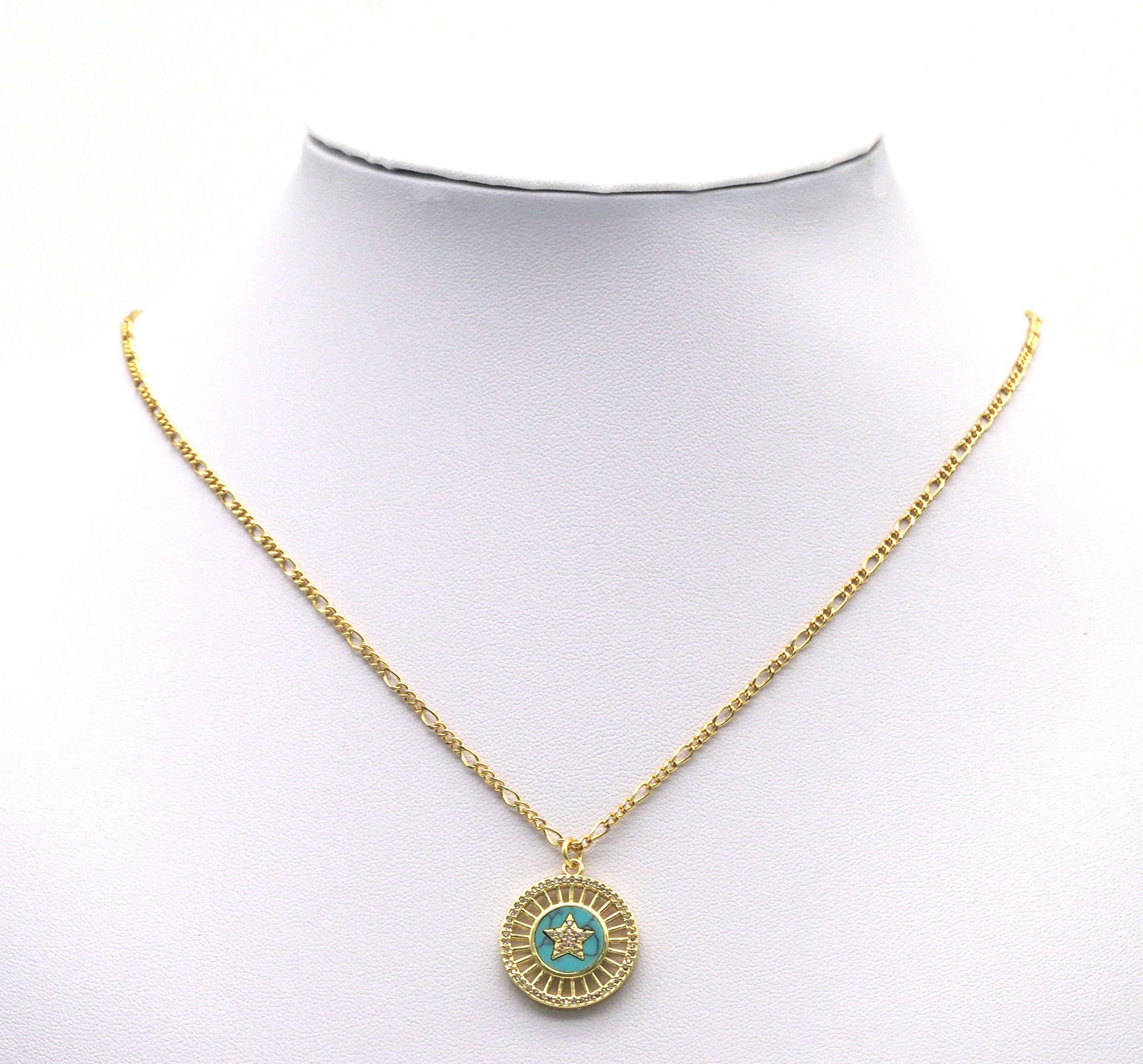 Gold CZ MOP/Turquoise Five Point Star On Round Charm, Sku#L696