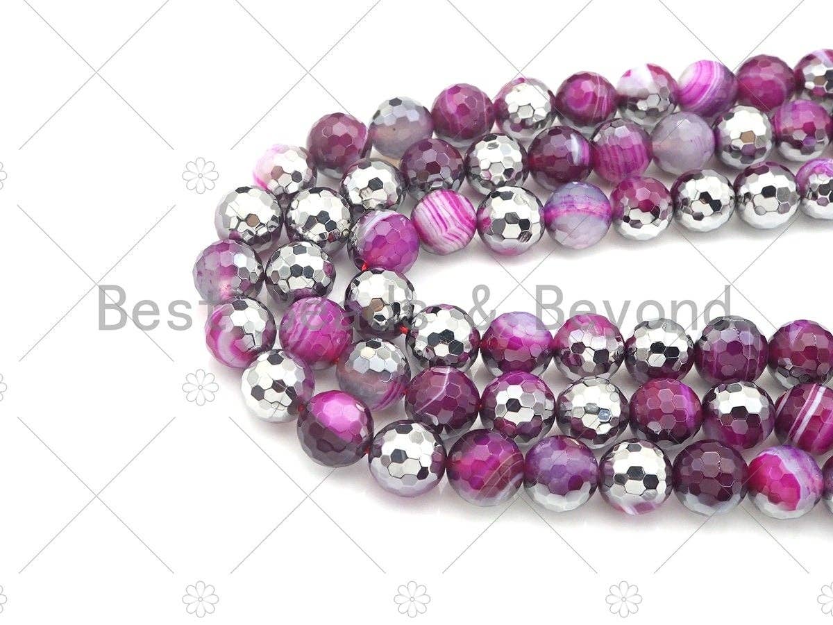 Natural Half Silver Pink Agate Beads, 8mm/10mm/12mm Round Faceted Pink Agate Beads, 15.5 Full Strand, sku# UA120