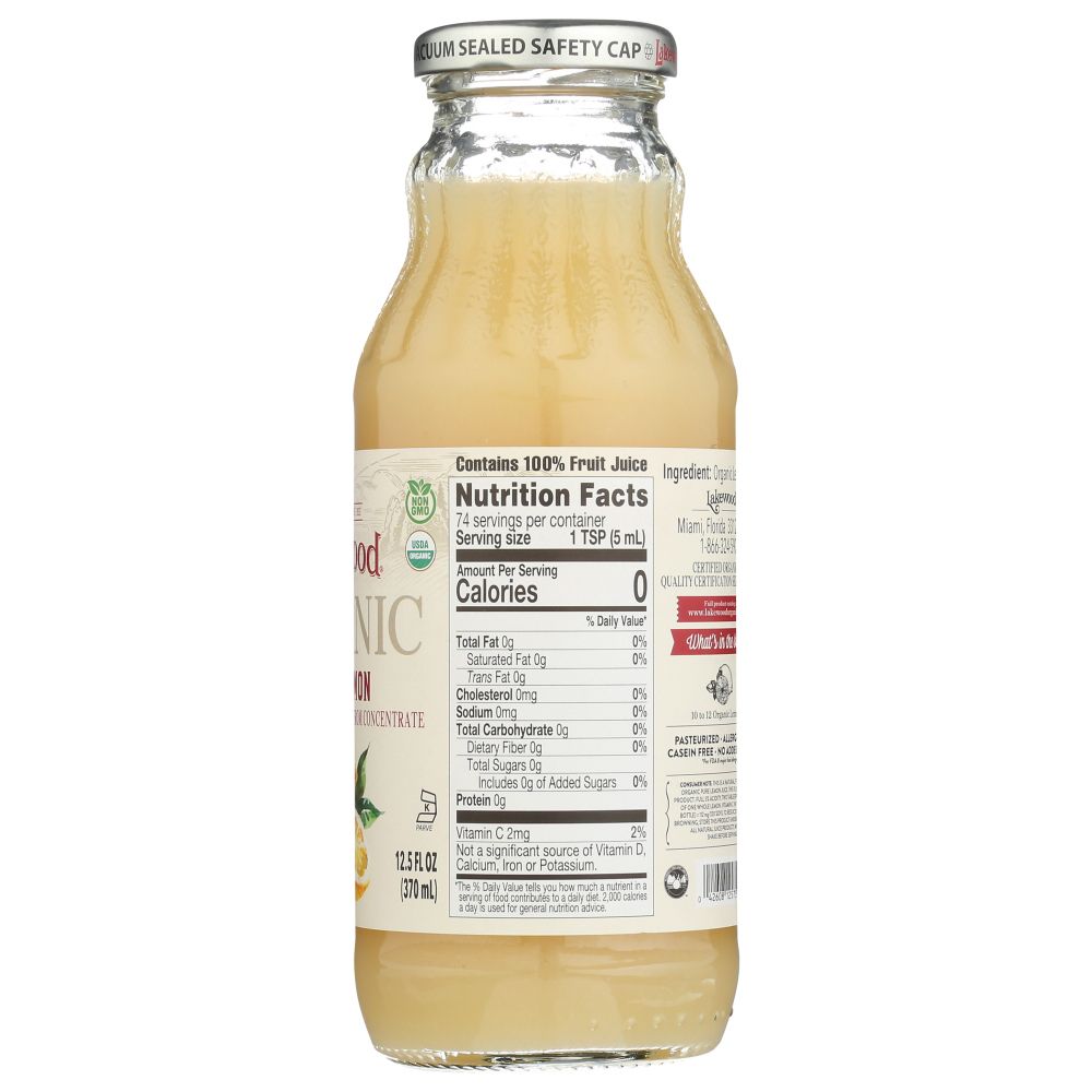 LAKEWOOD: Organic Pure Juice Lemon, 12.5 oz
