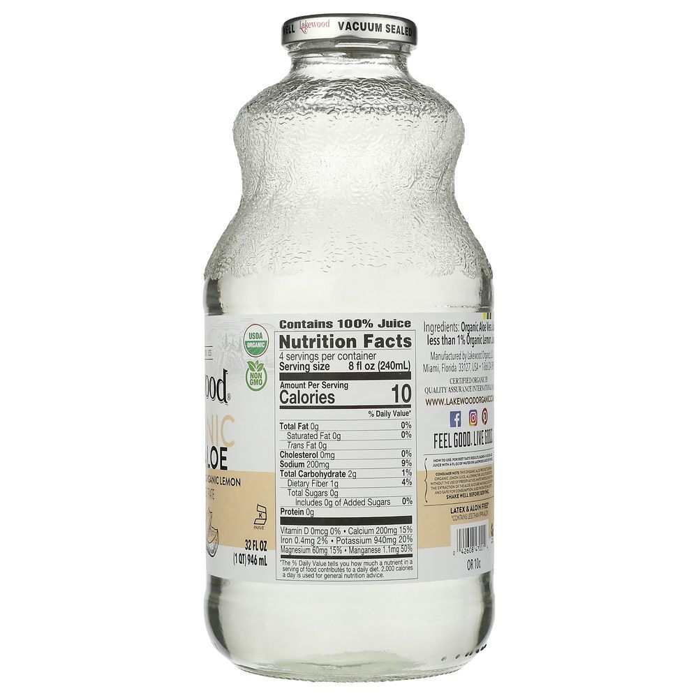 LAKEWOOD ORGANIC: Pure Aloe Inner Fillet Juice with Lemon, 32 Oz