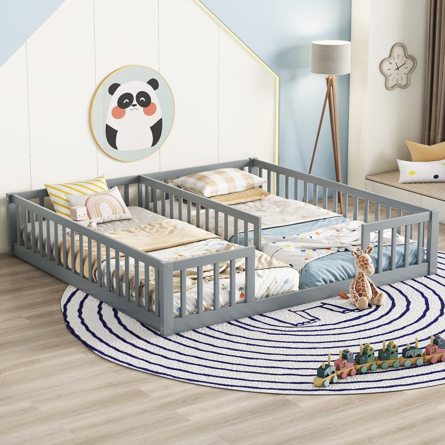 Double Twin Floor Bed with Fence, Guardrails, without Door