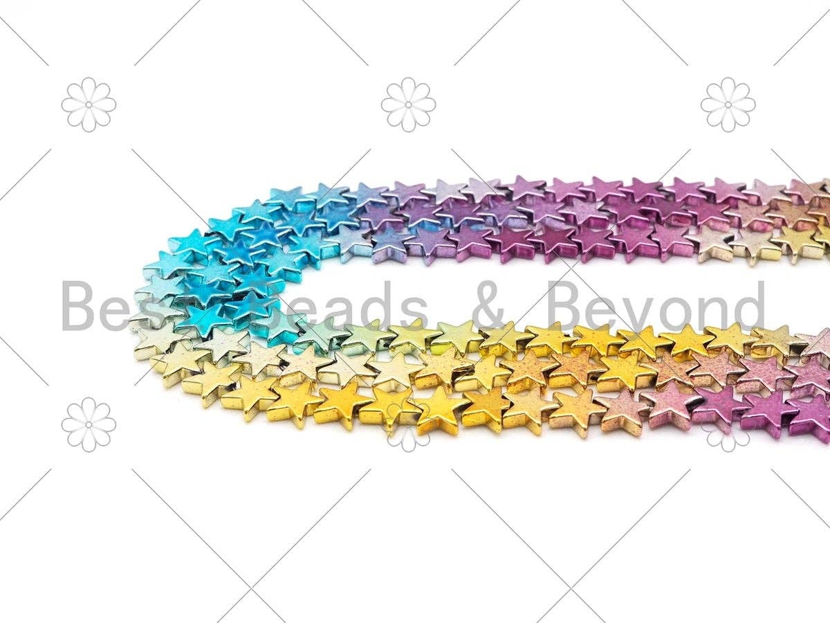 NEW!!! Rainbow Natural Hematite Smooth Five Point Star Beads, Gold Green Purple Blue Pink Matrix 8mm Hematite, 15.5'' Full Strand, SKU#S138