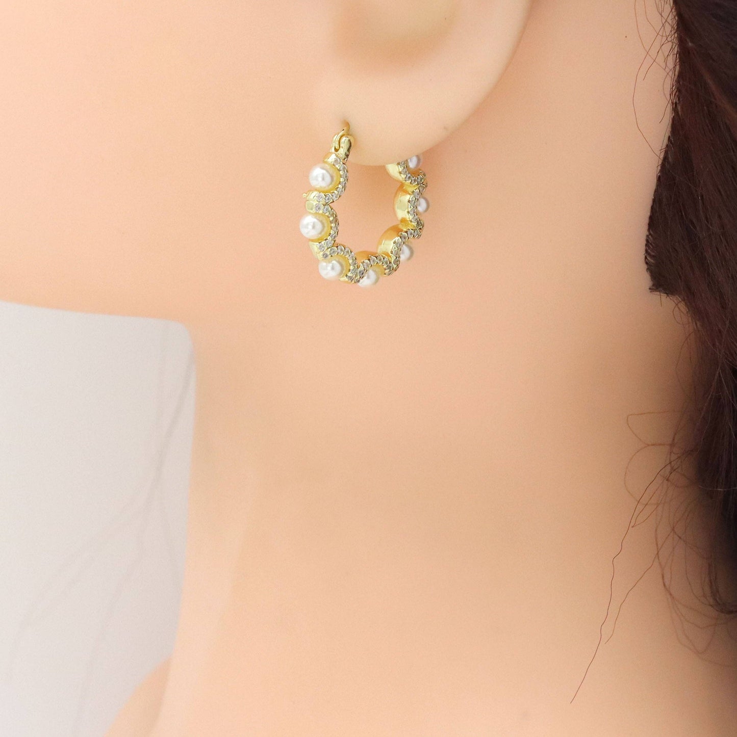 Clear CZ Gold wave line Pearl Hoop Earrings, Sku#LK1009