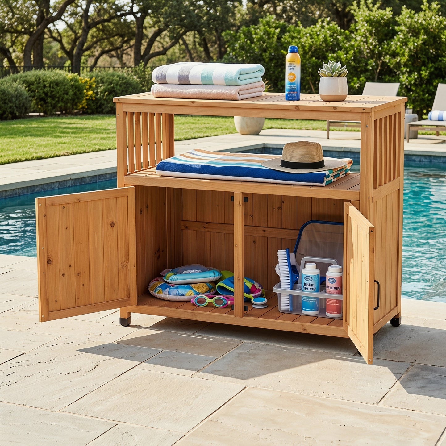 Wooden Patio Bar Table Set with Storage Buffet Cabinet