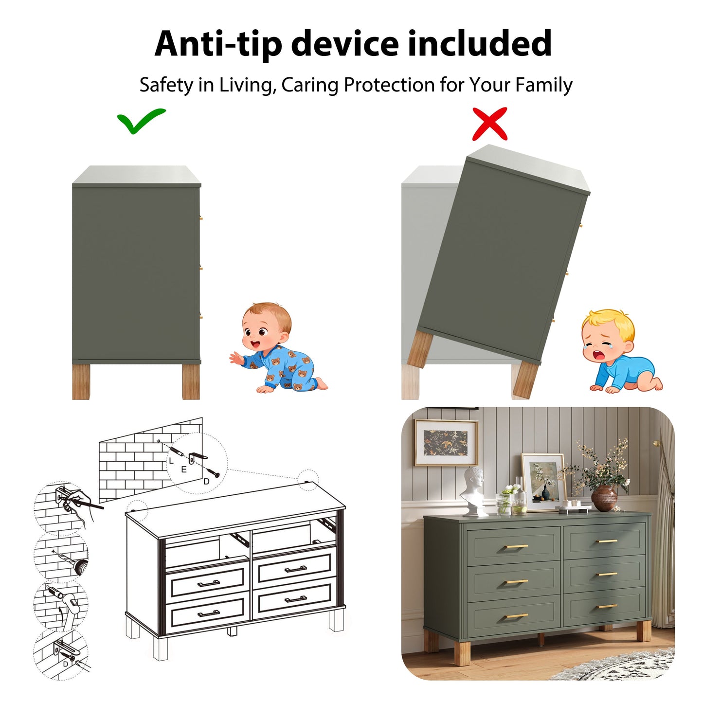 6-Drawer Double Dresser in Olive