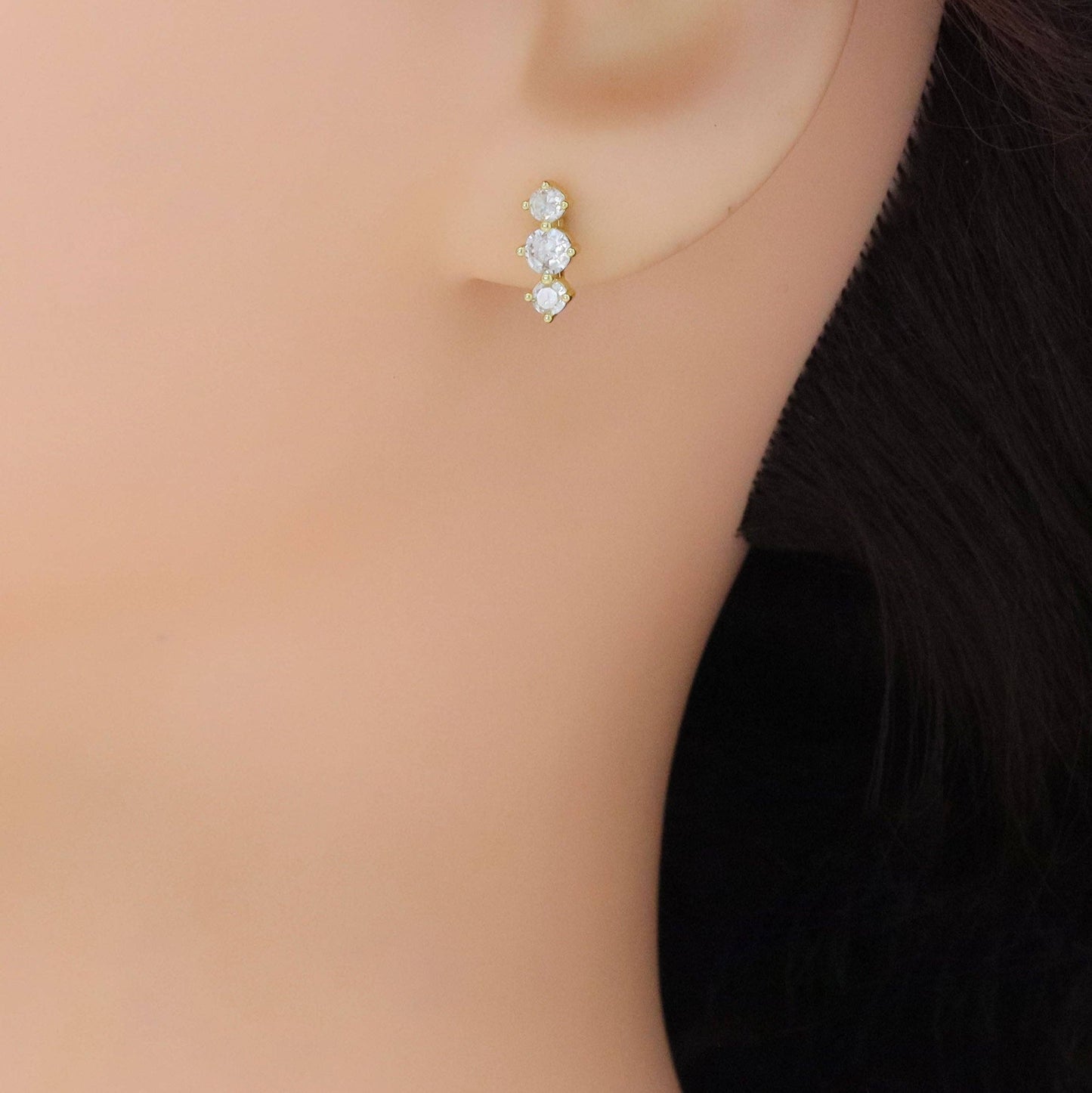 Gold Silver Three Round CZ in a Raw Stud Earrings, Sku#A290