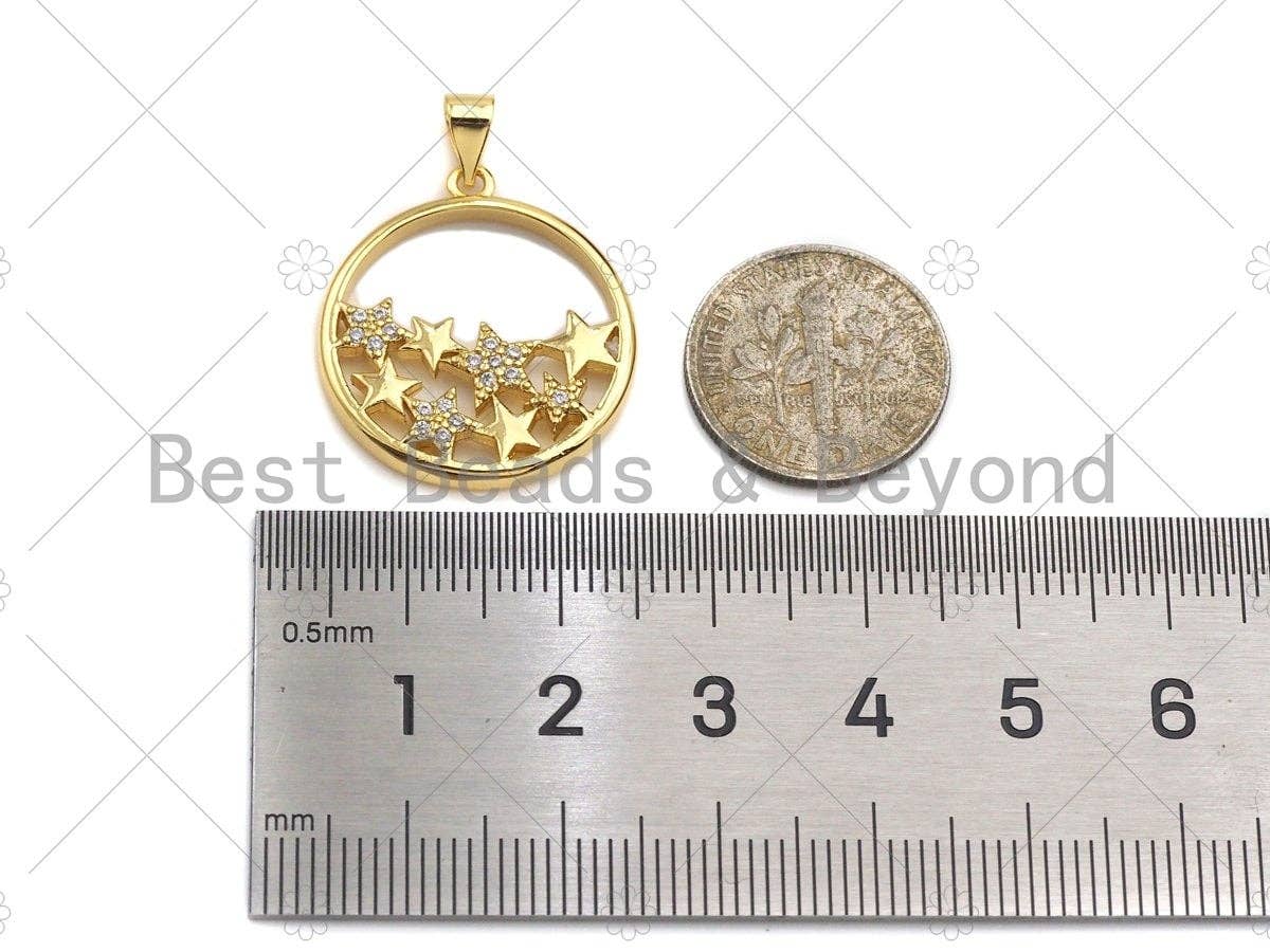 18k Gold Multi Star On Round Ring Charms, Gold Ring Charms, Star Pendant, Gold Pendant, Round Necklace Charms, 22x24mm, Sku#LK145