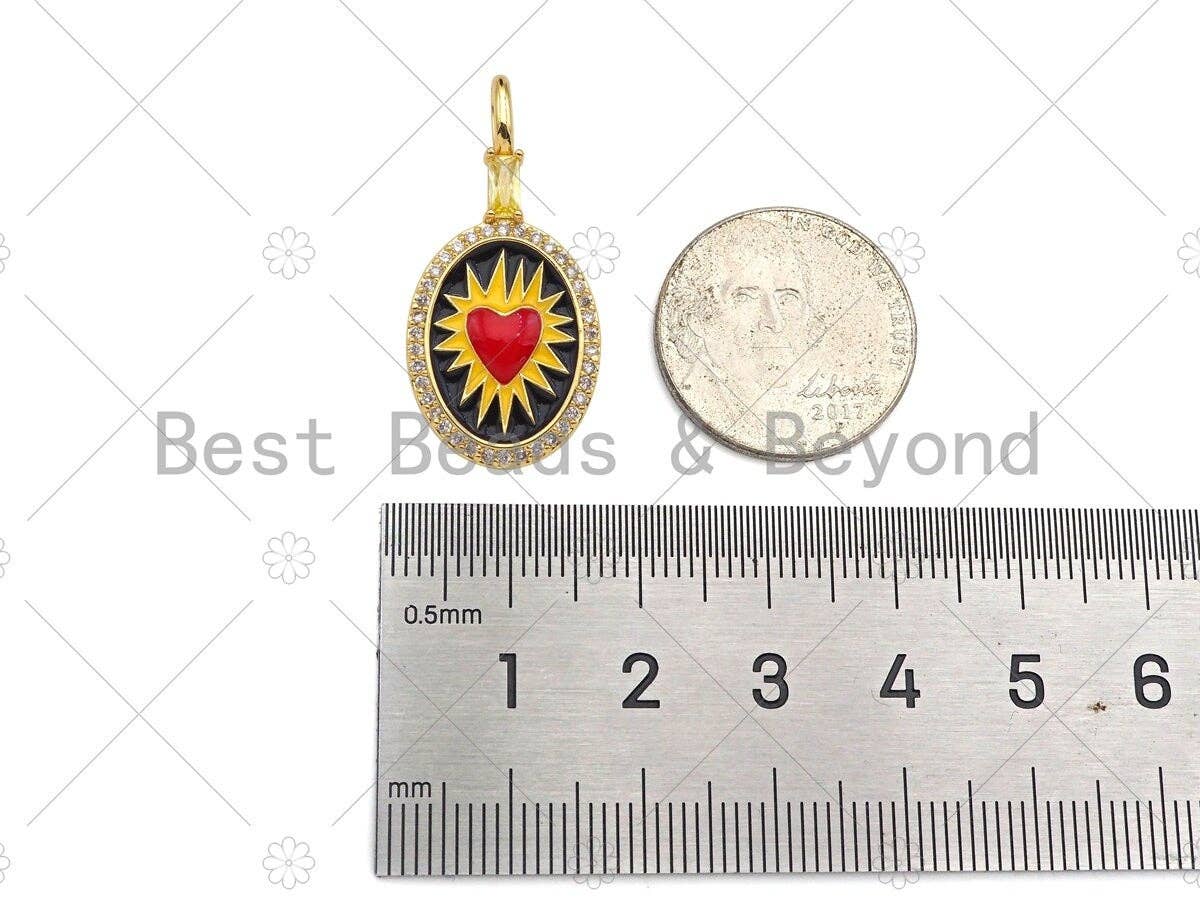 CZ Micro Pave Red Enamel Heart On Black Yellow Enamel Oval Shape Pendant, 18K Gold Filled CZ Enamel Oval Charm,16x33mm,Sku#Z1377