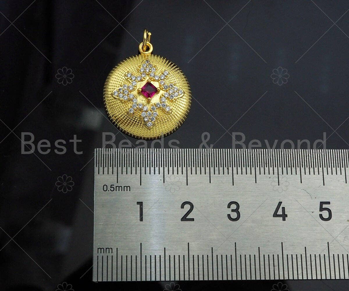 Gold Filled Fuchsia CZ Micro Pave Flower Pattern Medallion Pendant, 18K Gold Filled Charm, Necklace Bracelet Charm Pendant,mm,Sku#LK347