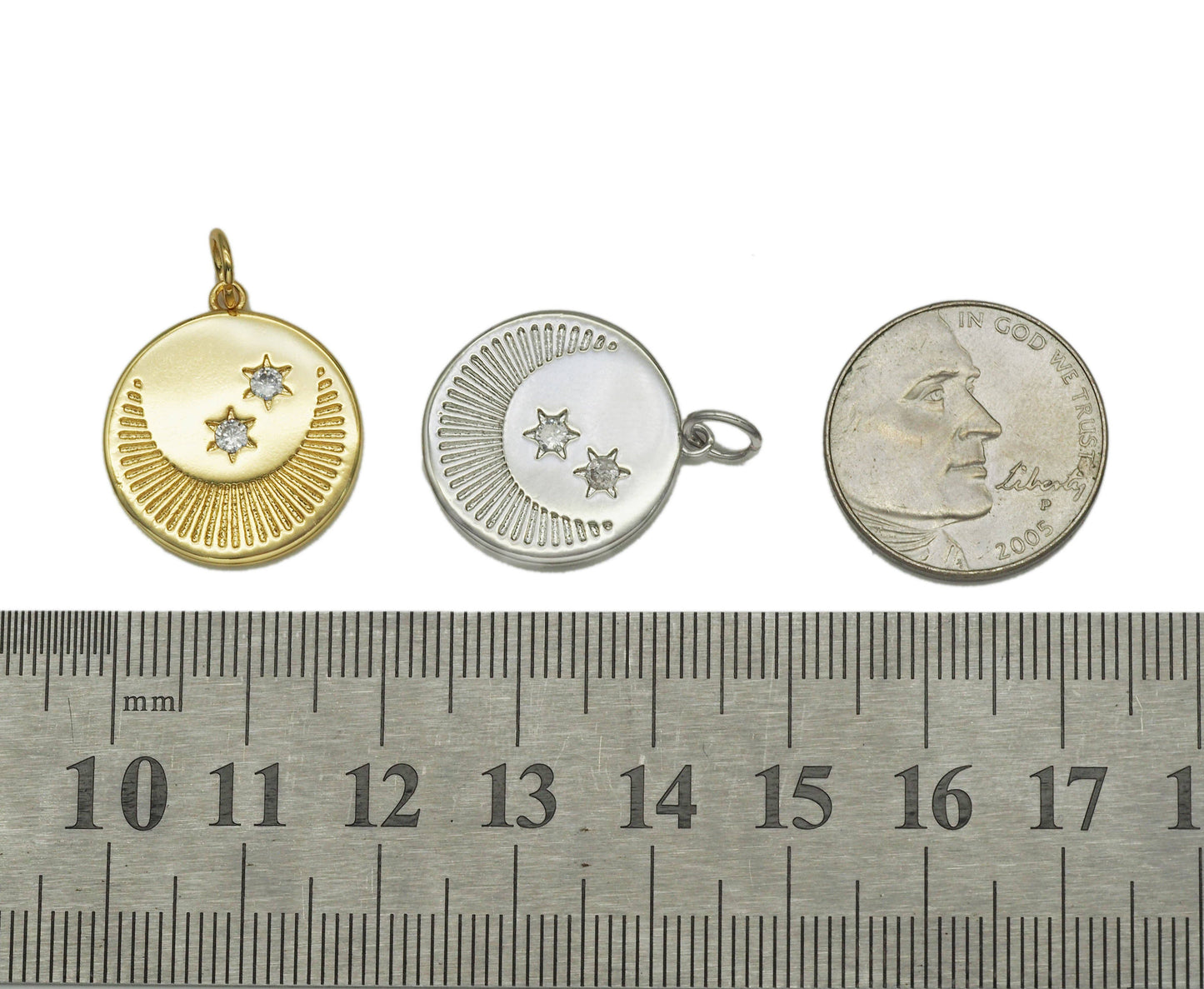 CZ Cresent Moon Star On Round Coin Charm, Sku#Z1442