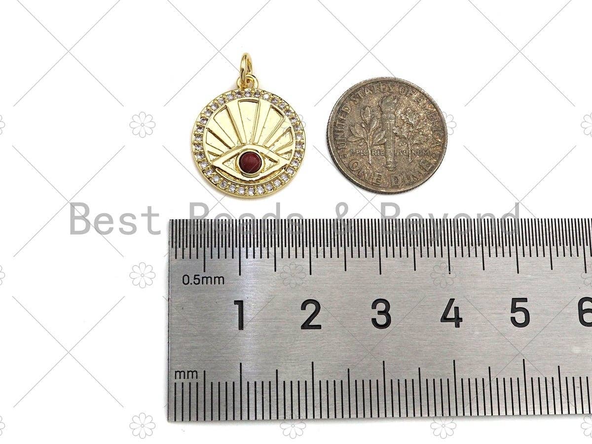 Red/Turquoise CZ Micro Pave Evil Eye On Round Coin Pendant/Charm,Cubic Zirconia Charm, Necklace Bracelet Charm Pendant,17x19mm, Sku#L414