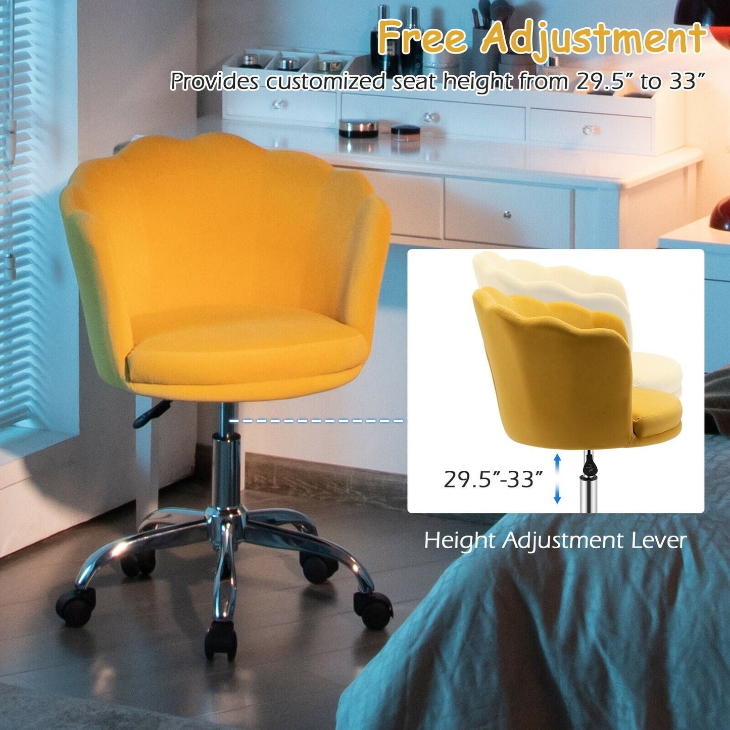 Upholstered Velvet Kids Desk Chair with Wheels and Seashell Back
