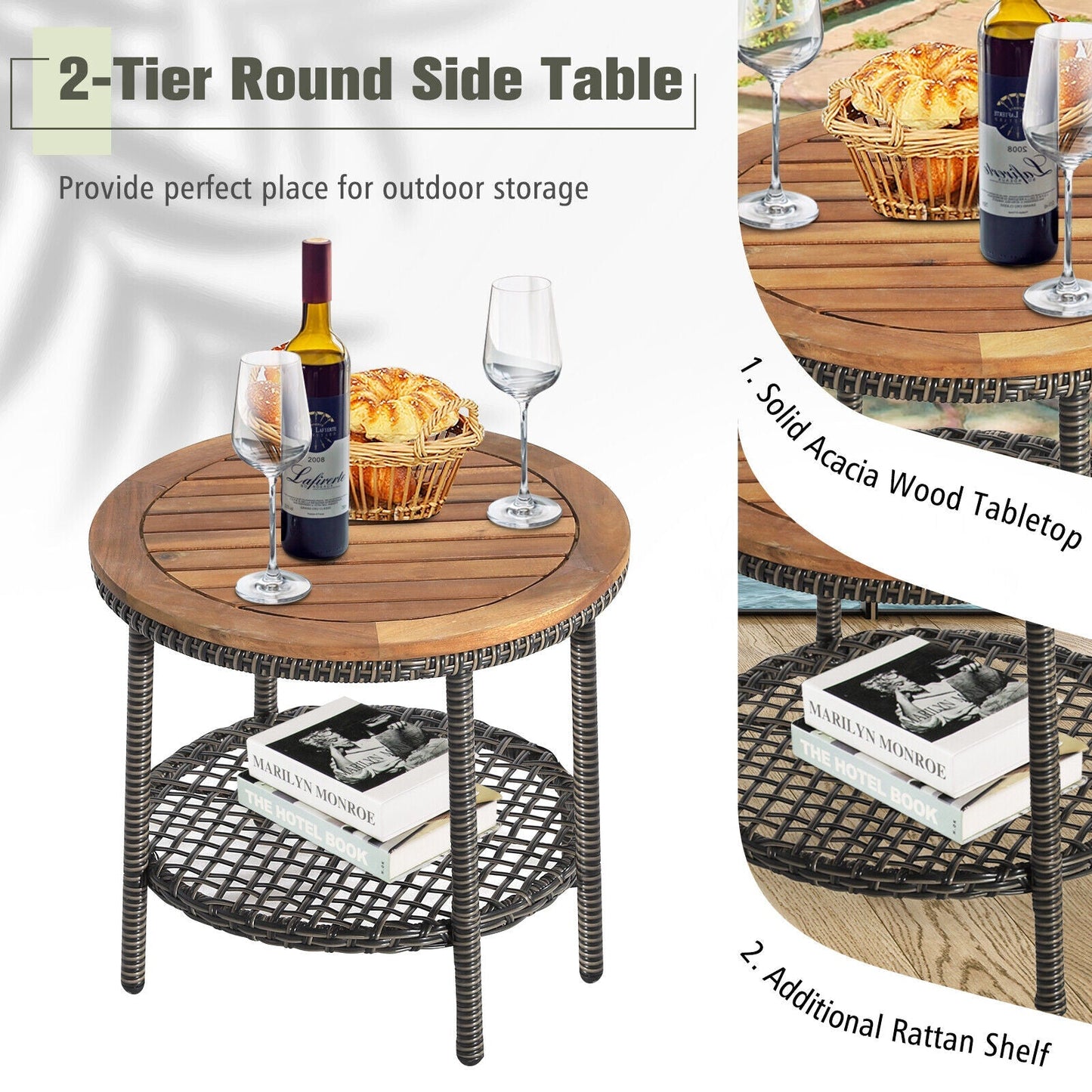 3 Pieces Patio Rattan Furniture Set with Cushioned Sofas and Wood Table Top-White