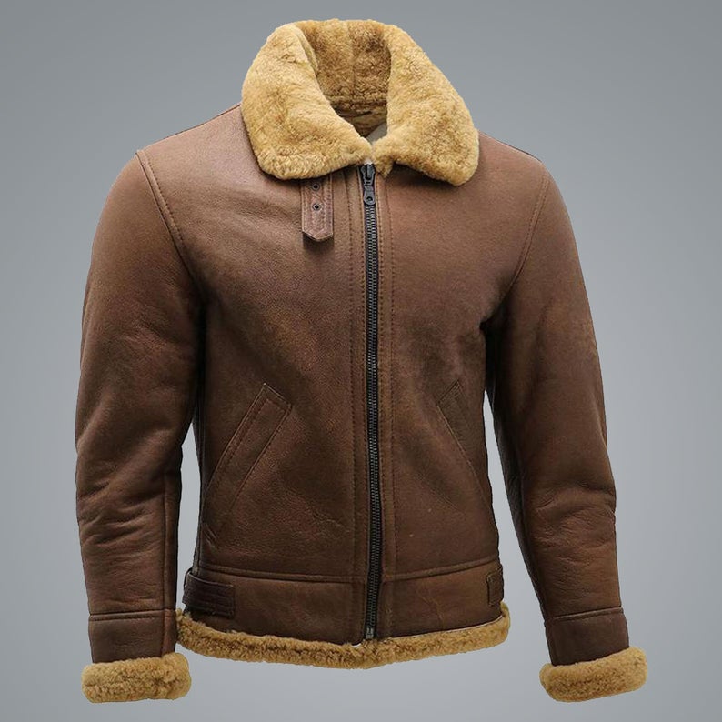 Men’s Brown B3 Shearling Sheepskin WW2 Bomber Leather Flying Aviator Jacket