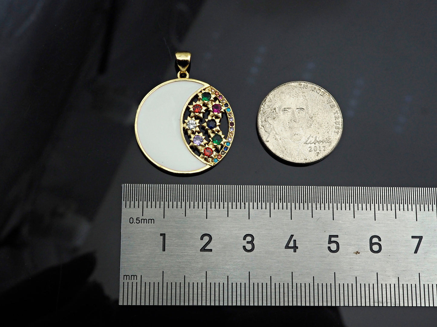 Colorful Enamel Cresent Moon with Colorful CZ On Round Shape Pendant, 18K Gold Filled Enamel Moon Charm,26x28mm,Sku#JL50