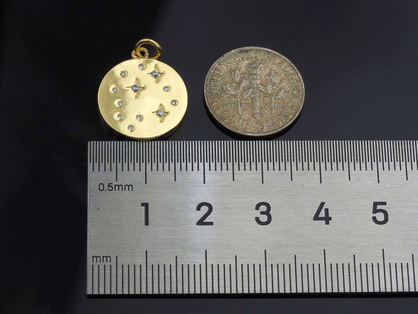North Star on Disc Round Coin Pendant,North Star Cubic Zirconia Pendant, Silver/Gold Plated,16x19mm,Sku#F1267