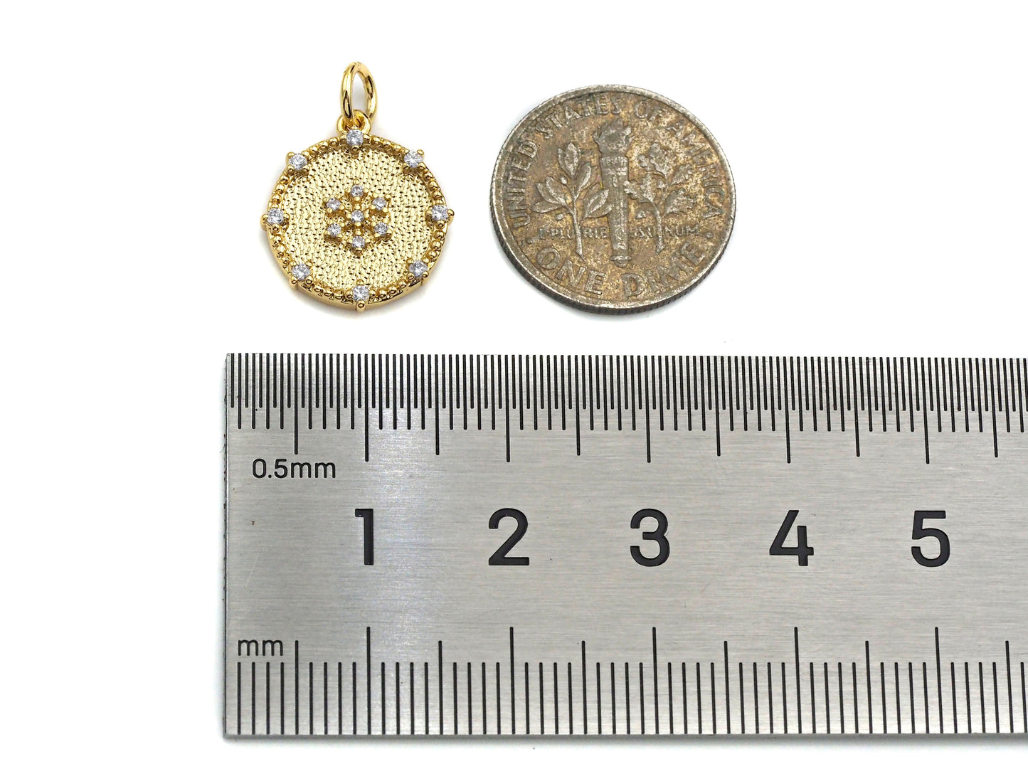 CZ Micro Pave Snowflake On Round Coin Charms, 18k Dainty Gold Charms Pendant, Snowflake Necklace Charms, 14x15mm, Sku#F1305