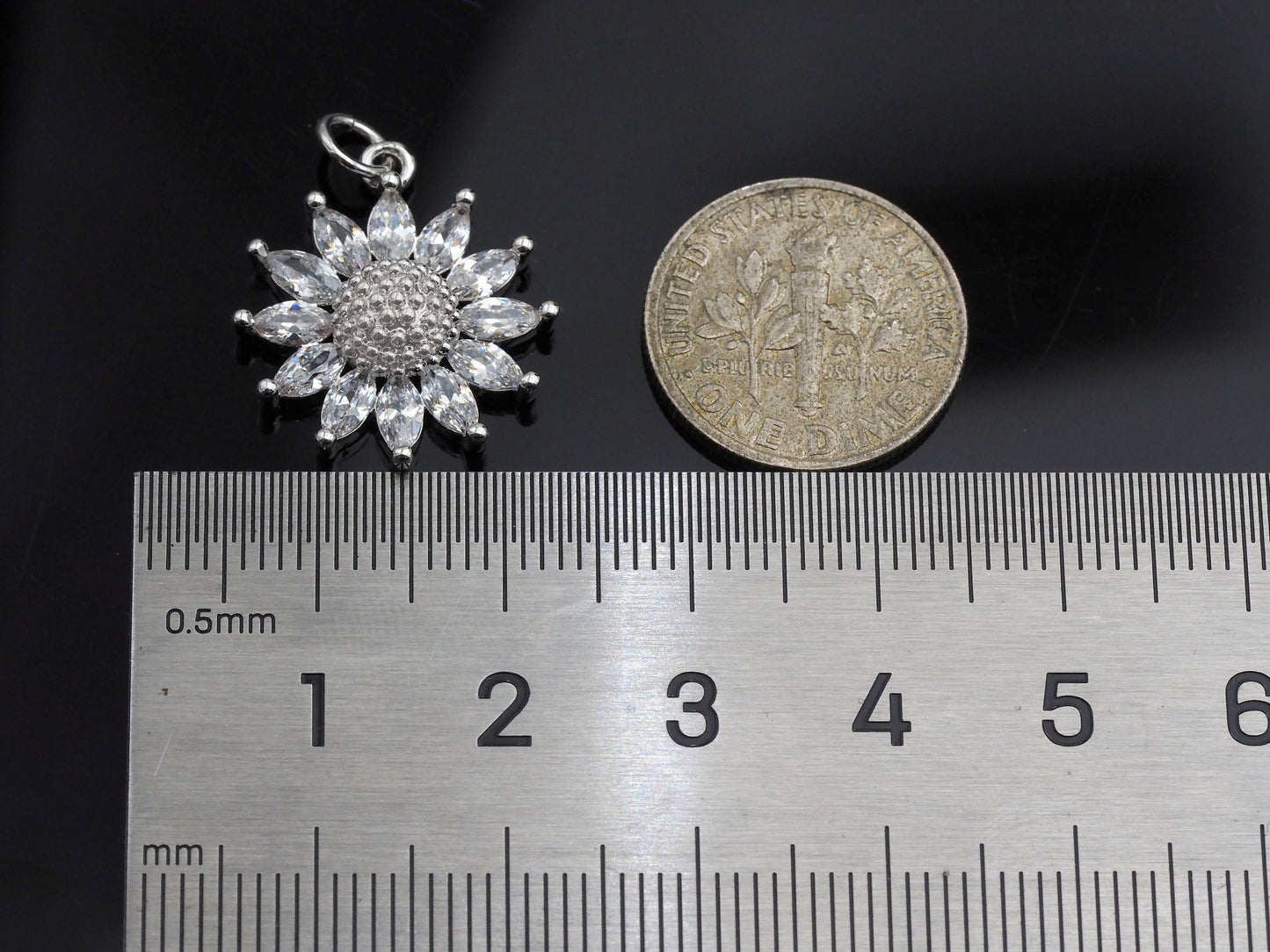 CZ Micro Pave Sunflower Pendant, Gold/Silver Plated Jewelry, sku#F1219C