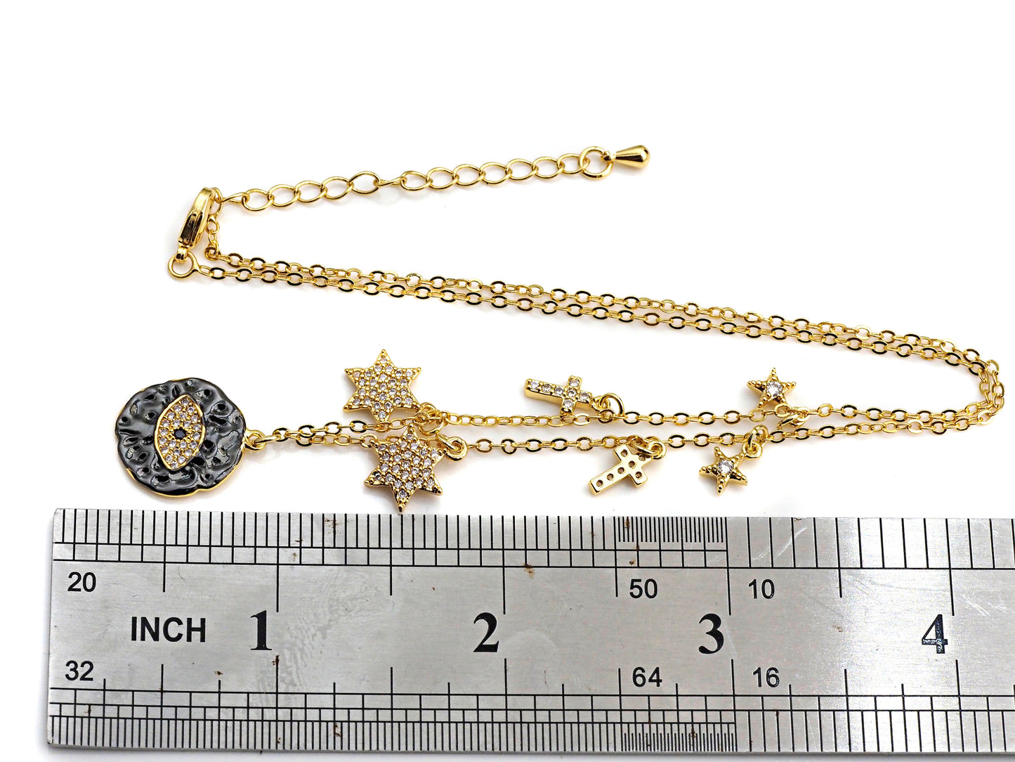 Gold Evil Eye Coin CZ Charm Necklace, Coin Necklace, Cross Star Necklace, Layering Necklace/Gold Disc Necklace, Dainty Necklace, Sku#Z710