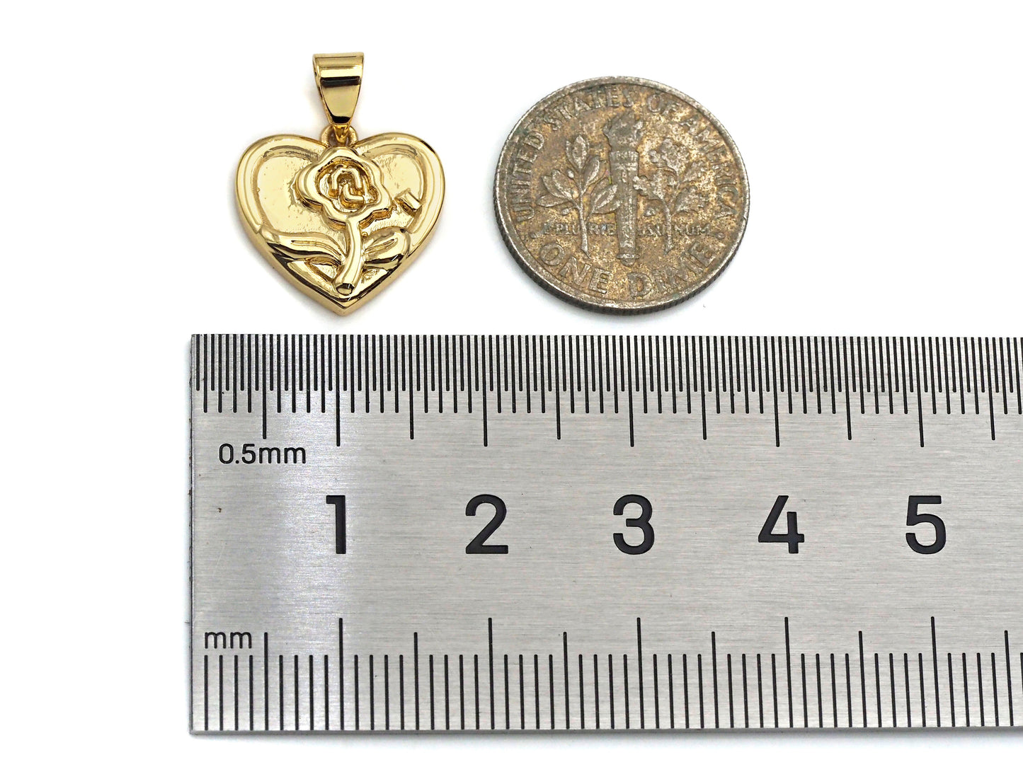 Dainty Gold Rose Flower On Heart Shape Charms, 15x14mm, Sku#F1296C