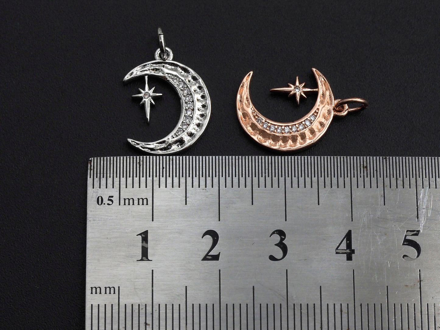 CZ Micro Pave Moon with North Star Pendant, Cubic Zirconia Pave Pendant/Charm, Necklace Pave Pendant, 13x17mm, sku#Z829