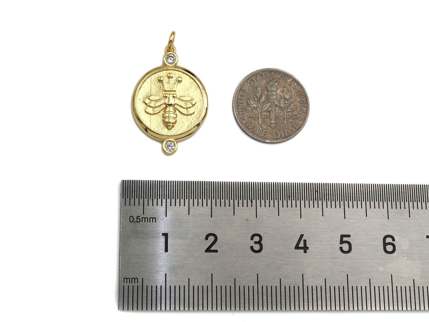 CZ Micro Pave Bee Crown On Round Coin Pendant/Charm, Bracelet Necklace CZ Round Pendant Charm, Silver/Gold Tone,18x26mm,Sku#L460