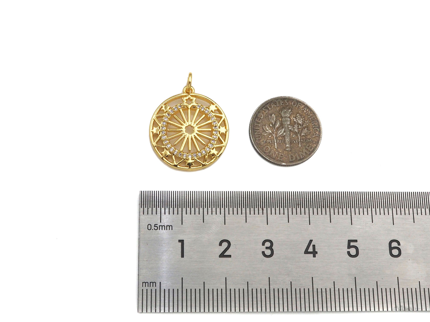 CZ Micro Pave Hollow Out Flower On Round Shape Pendant/Charm, Sku#F1366C