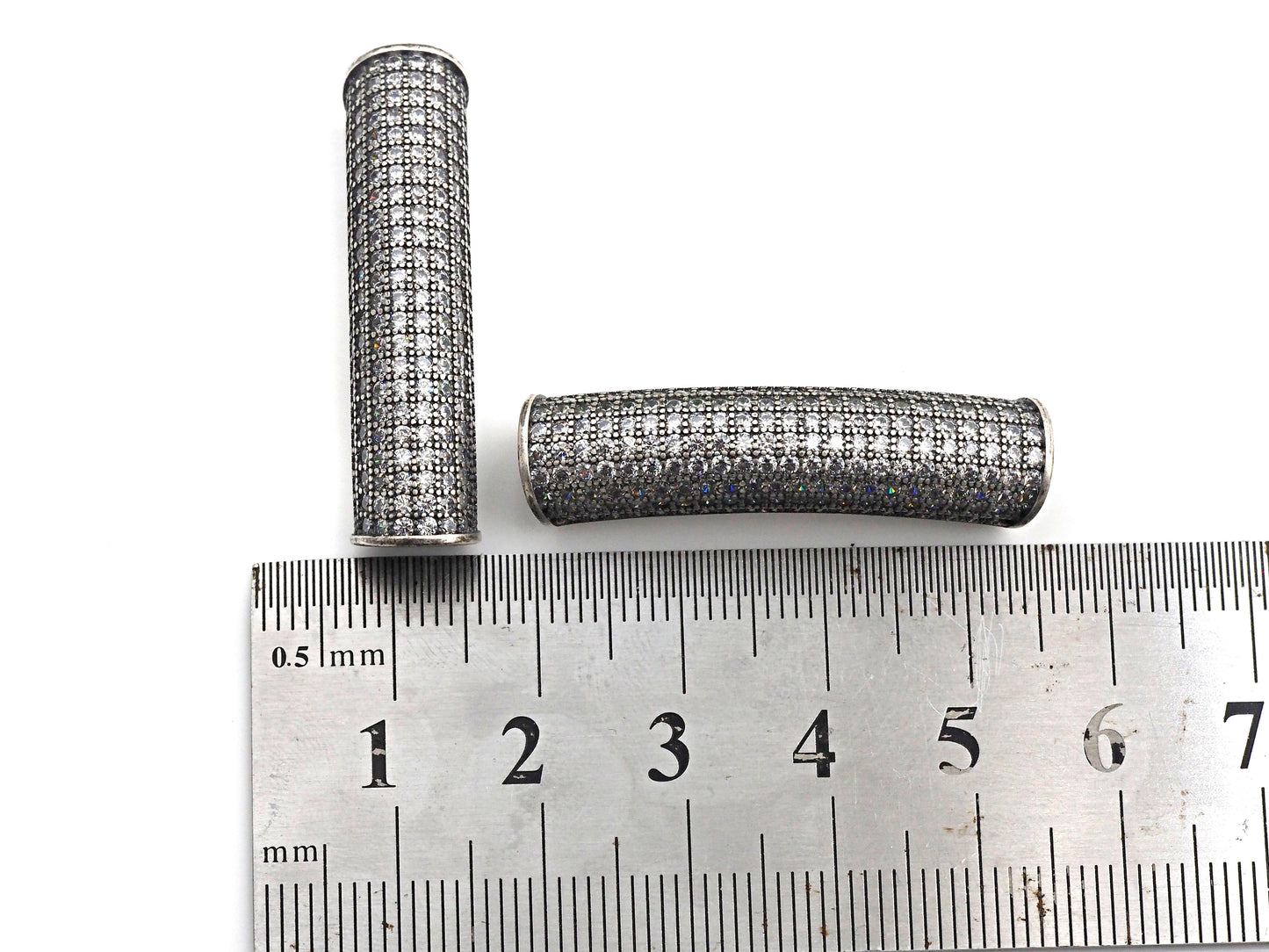 Rhodium CZ Micro Pave Half Full Pave Tube, Antique Silver Tone, Cubic Zirconia Pave Separator Tube Beads,39x10mm,sku#X128