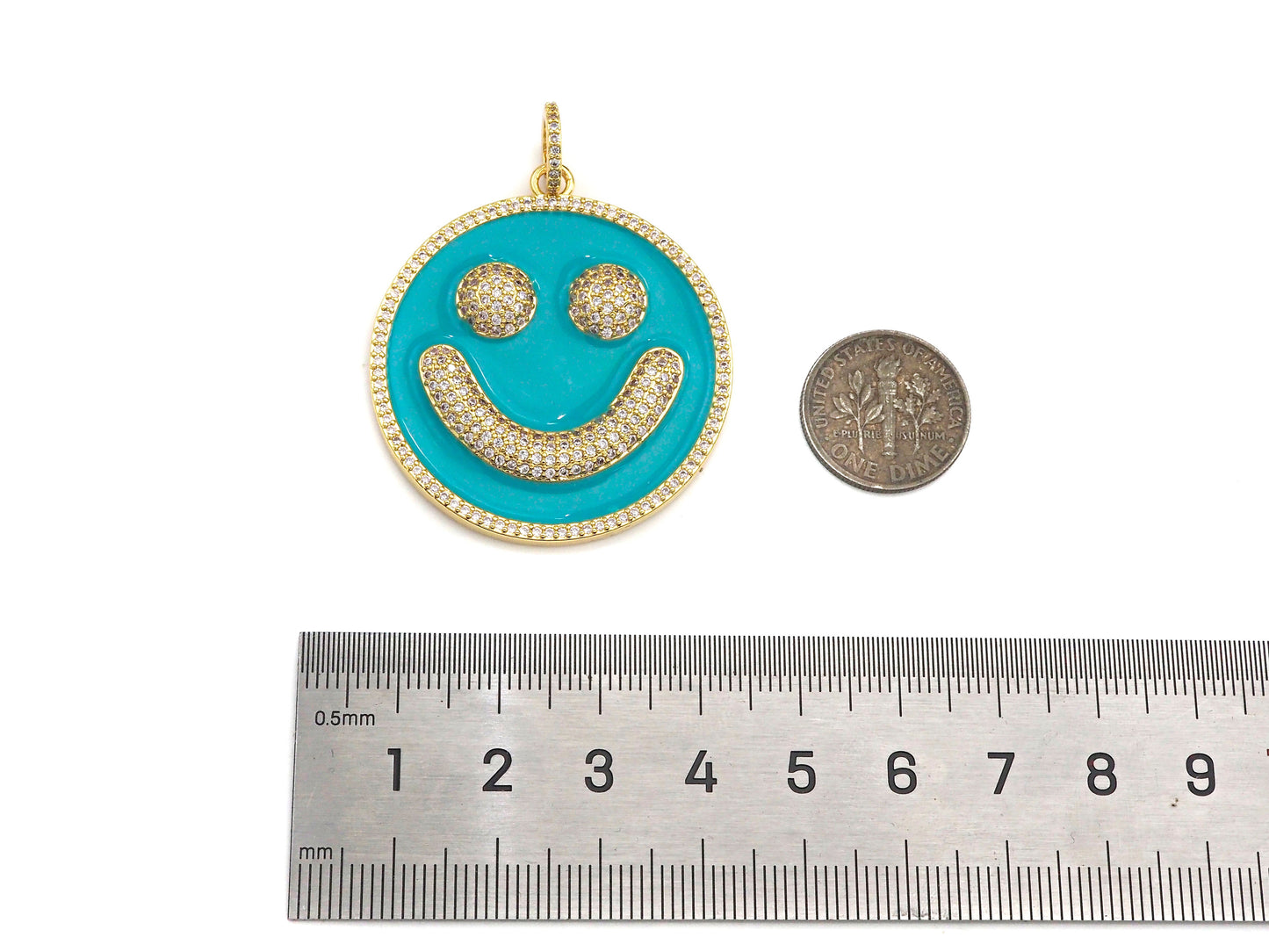 Large Pave Enamel Hot Pink/Turquoise Smiley Face 38mm Pendant, Cubic Zirconia Pave Pendant, Happy face charm, Pink Smiley Face, Sku#ML39