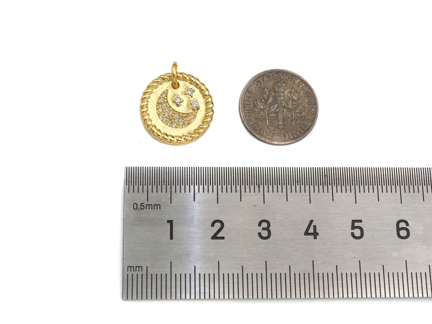 CZ Micro Pave Cresent Moon Star On Round Coin Pendant, Bracelet Necklace CZ Round Coin Pendant Charm, Silver/Gold Tone,16x16mm,sku#L461
