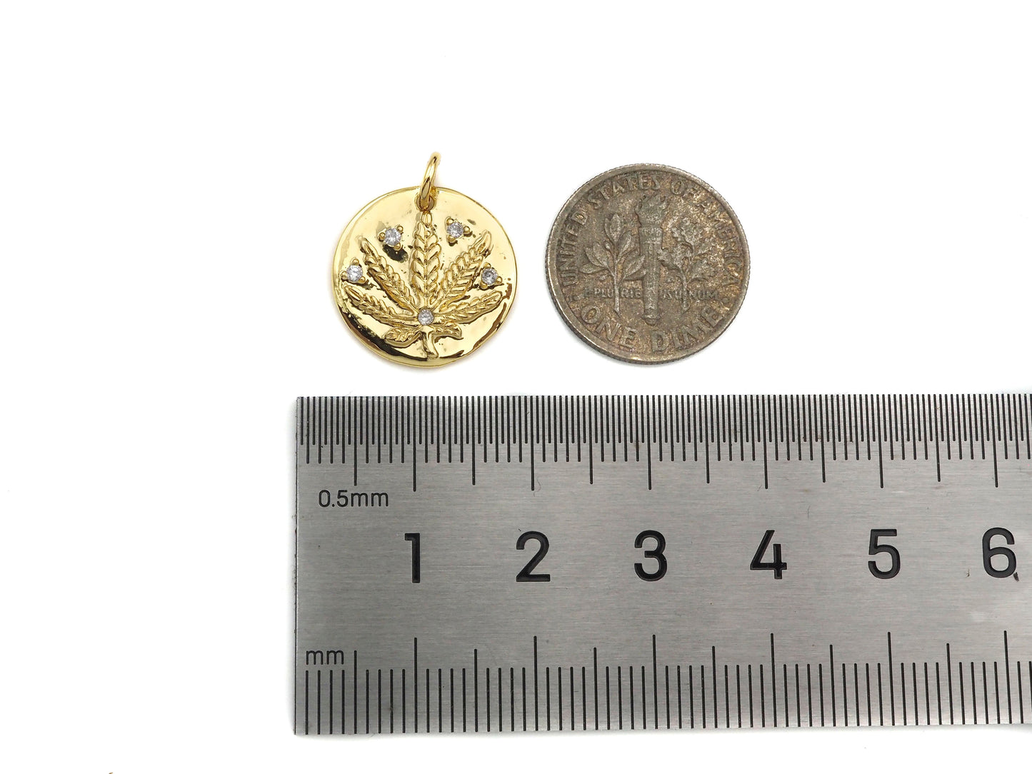 CZ Micro Pave Maple Leaf On Round Coin Pendant/Charm,Cubic Zirconia Charm, Necklace Bracelet Charm Pendant,16x16mm, Sku#L407