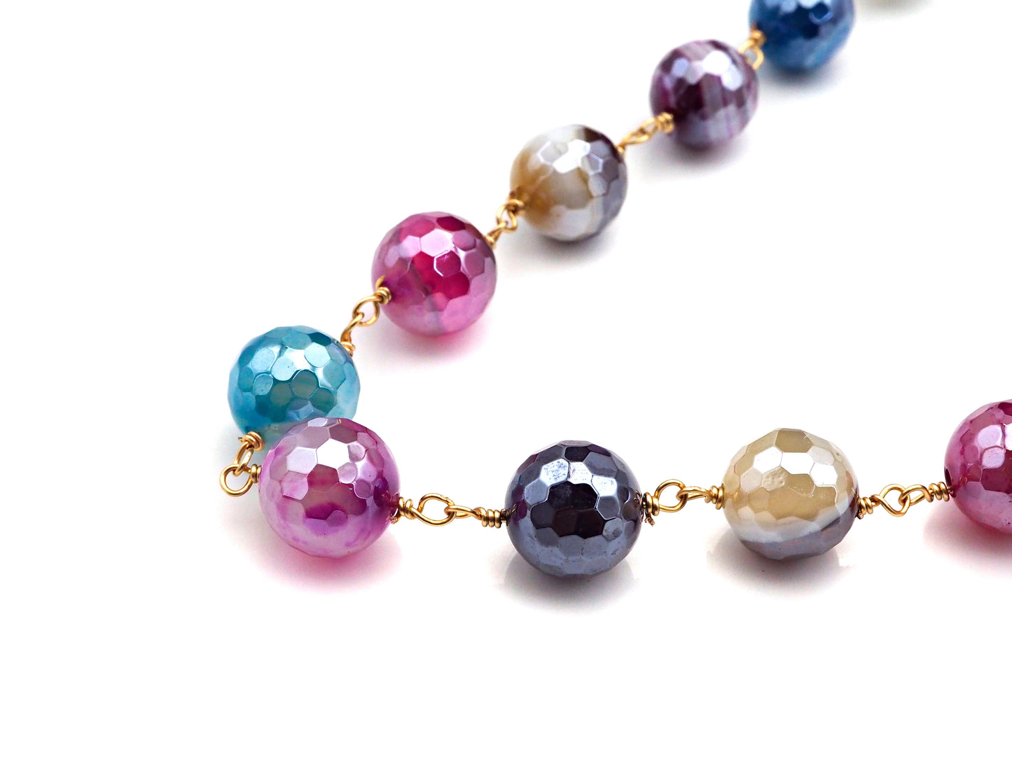 Mystic Agate Brown/Blue/Grey Rosary Chain, 10mm Agate Beaded Chain, Wire Wrapped Gold Chain,Sku#V74