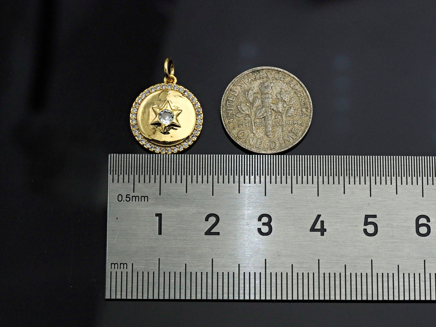 CZ Micro Pave Star On Round Coin Shape Pendant, Gold/Silver Plated Jewelry, Necklace Bracelet Charm Pendant, 14x16mm,sku#F1214