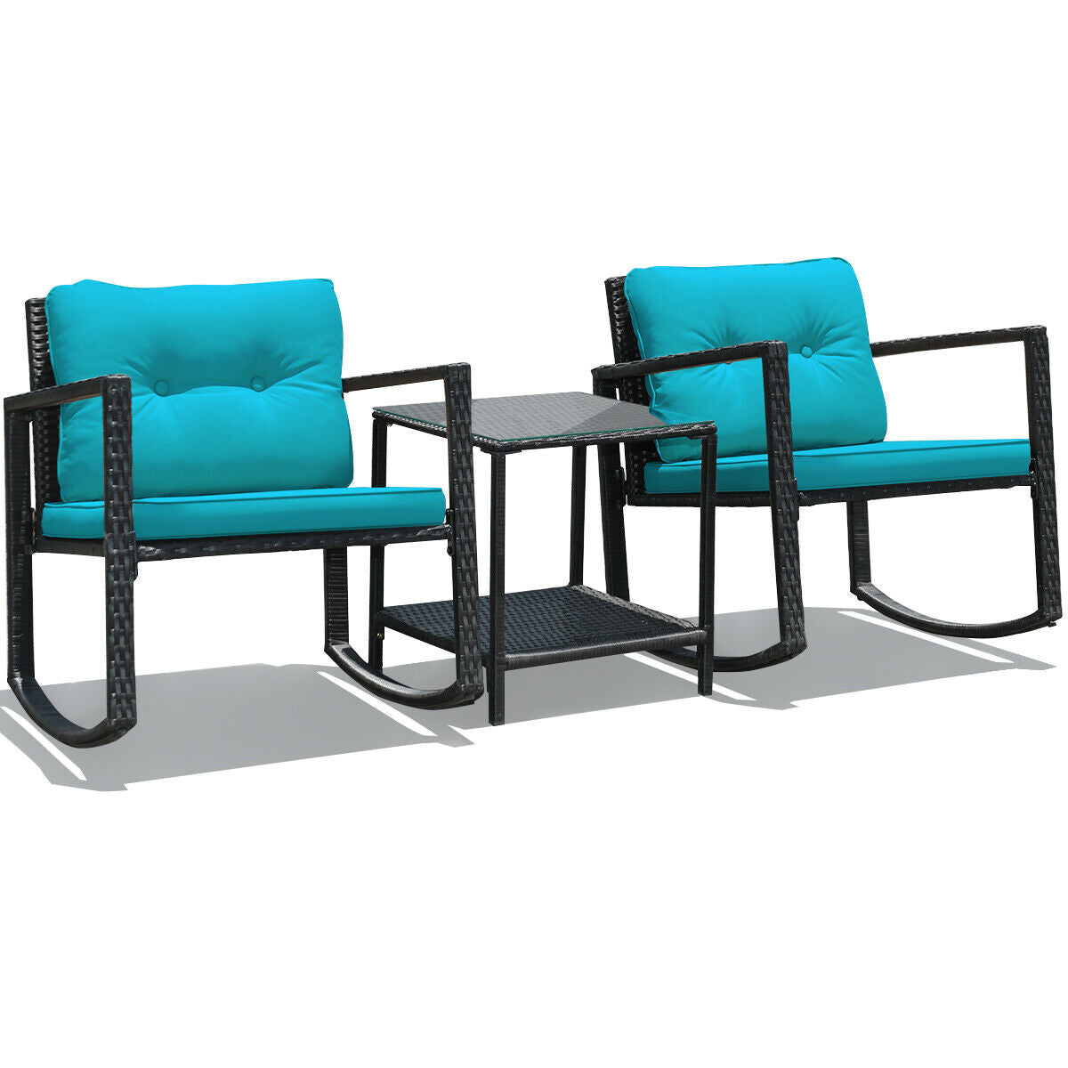 3 Pieces Cushioned Patio Rattan Set with Rocking Chair and Table-Black