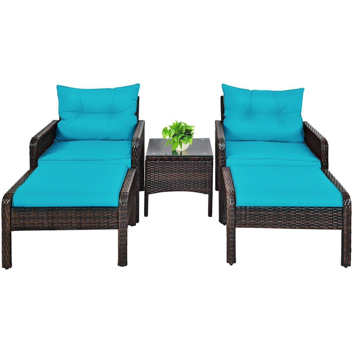 5 Pieces Patio Rattan Sofa Ottoman Furniture Set with Cushions-Black