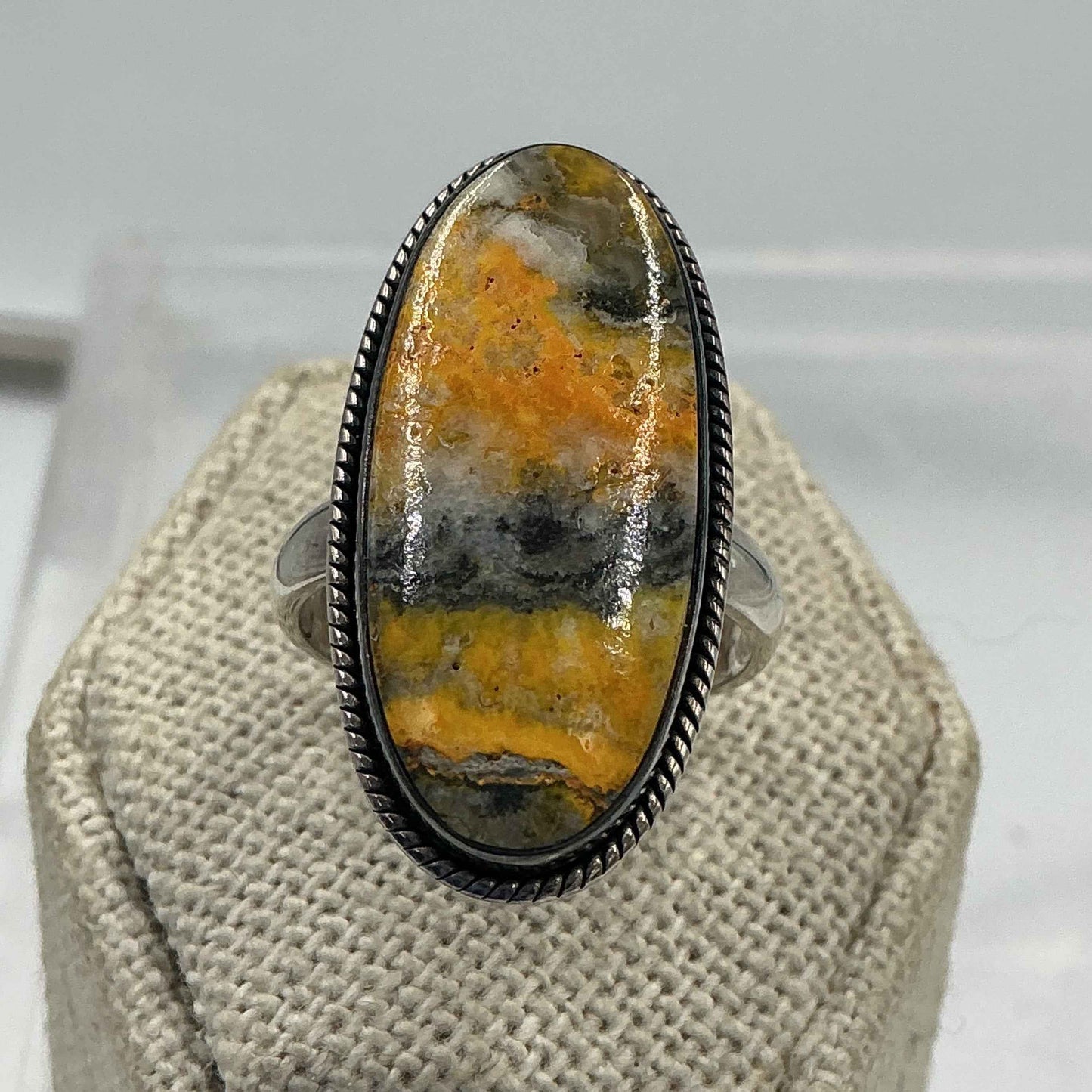 Sterling Silver Bezeled Oval Bumblebee Jasper Ring - Size 7 - Joy, Strength, & Personal Power