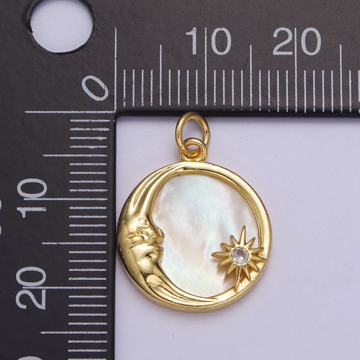 14K Gold Filled Celestial Crescent Moon Star Mother of Pearl Round Charm E-656