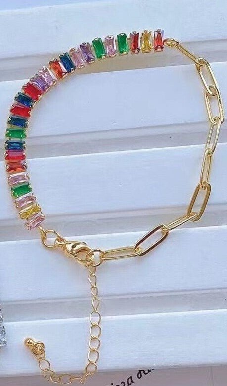14k Gold Filled Clear / Colorful CZ Rectangular Baguette Paved connector Bendable Long Bar Connector for DIY Bracelet Component F-010 F-011 F-017 F-025 F-026 F-028 F-033 F-037 F-046