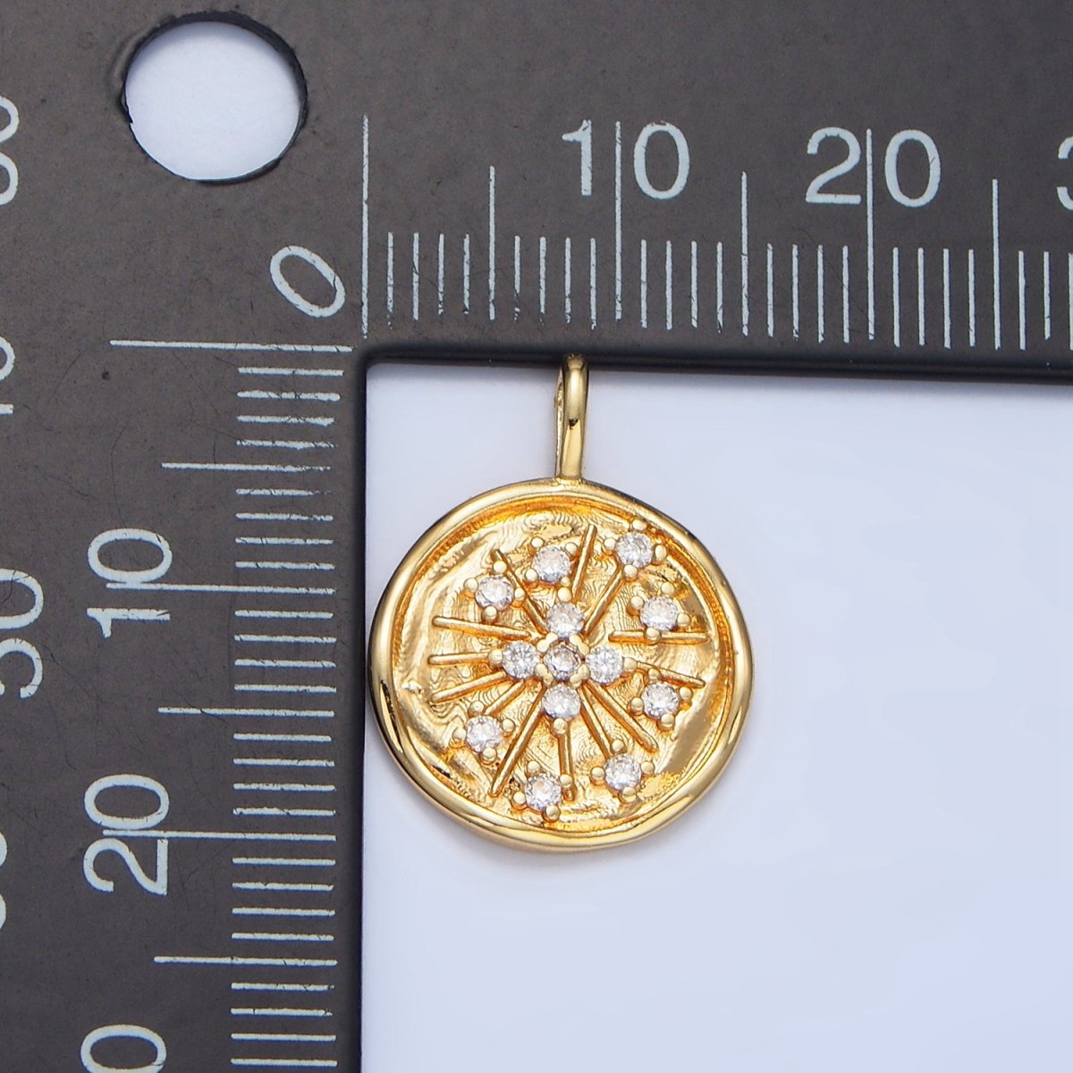 14K Gold Filled CZ Celestial Sunburst Stamped Round Pendant | M780