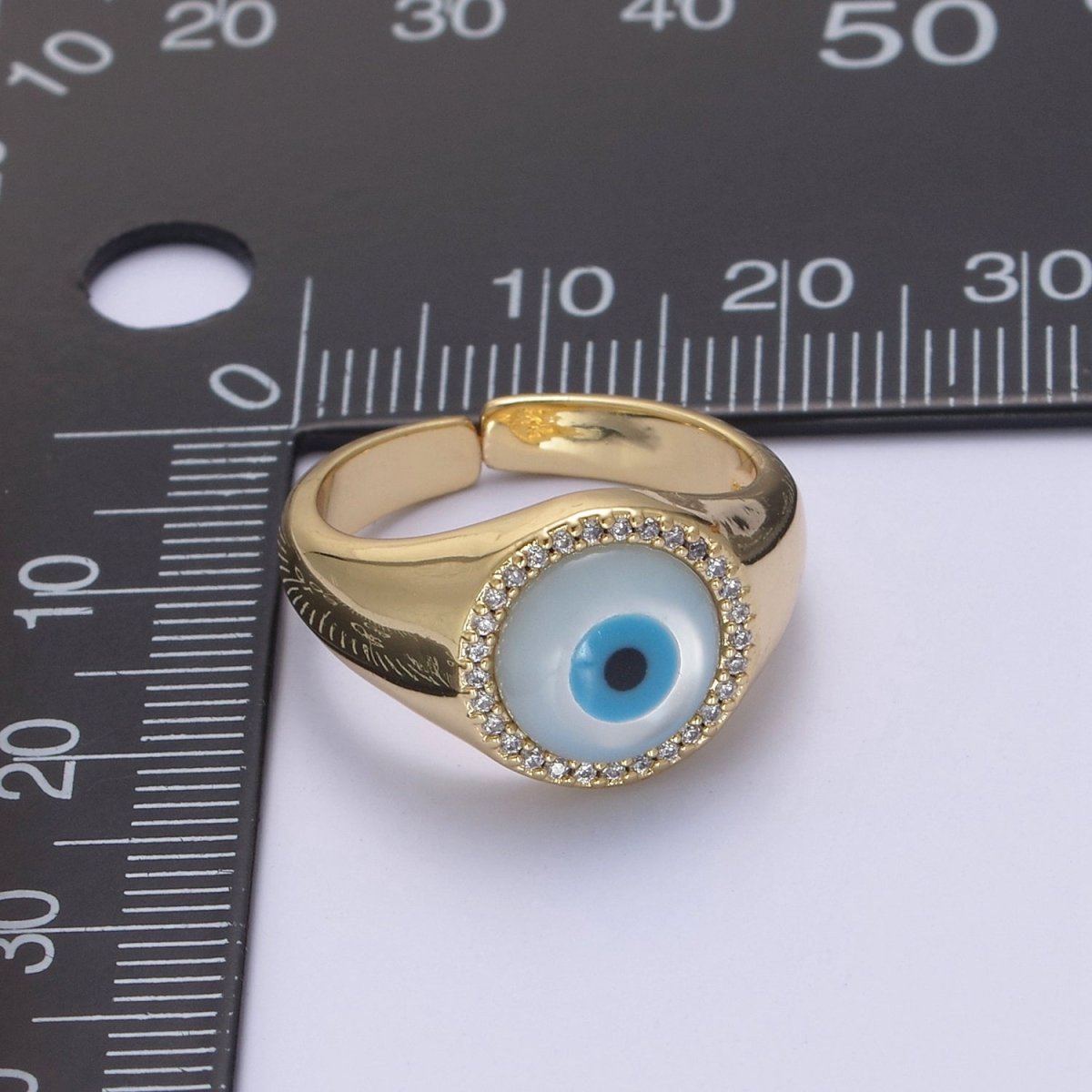 14K Gold Filled Micro Pave Evil Eye Blue Dome Ring Open Adjustable Ring U-474