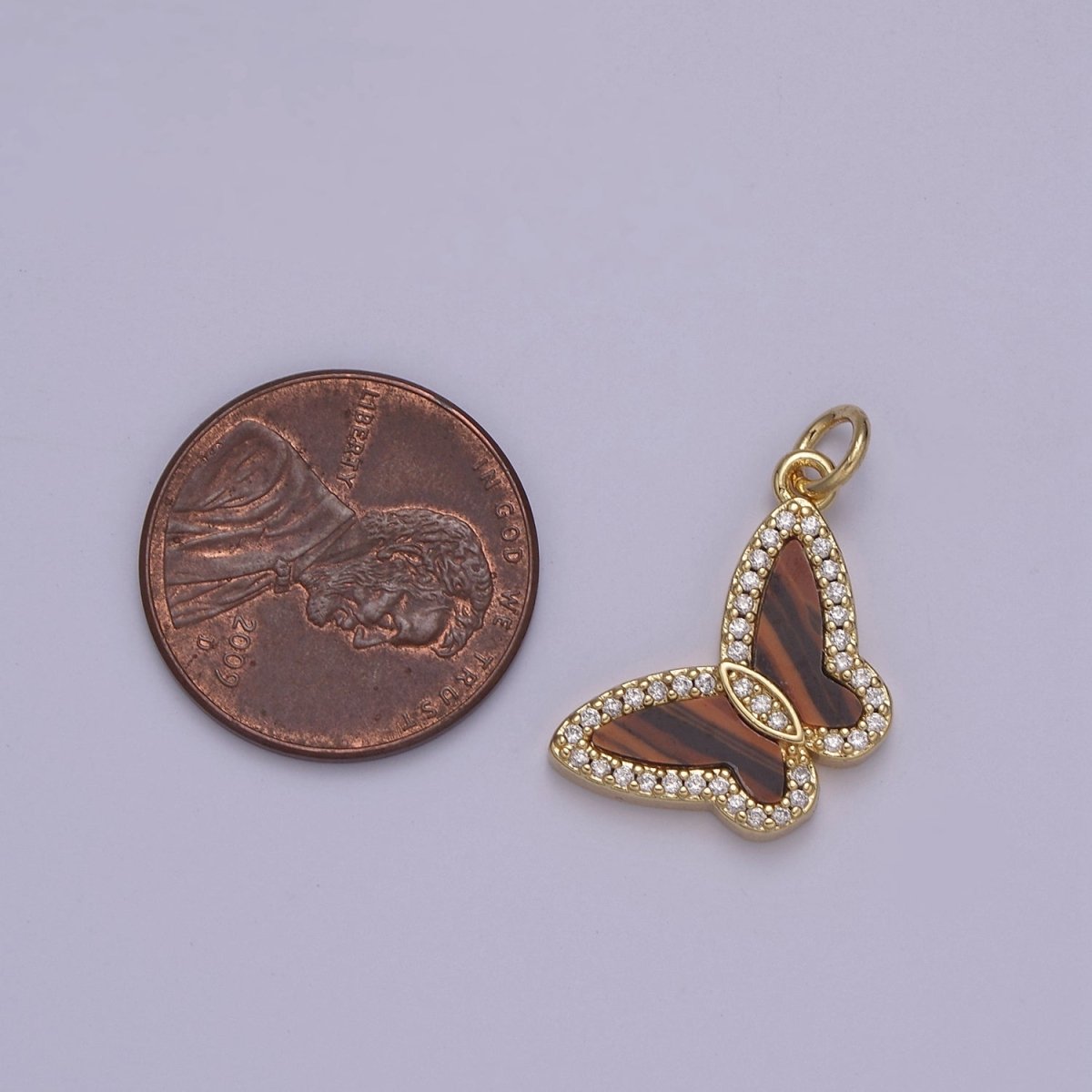 14K Gold Filled Tiger Eye, Mother of Pearl, Abalone Butterfly Monarch Micro Paved CZ Charm N-844 - N-846