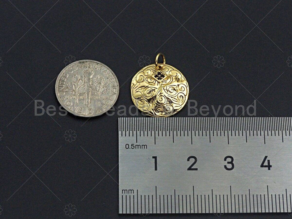 18K Gold Medallion Round Coin with Black Pave Flower Charm, Brass Medallion, Coin Charm, Pave Charm, 17mm, Sku#LK20