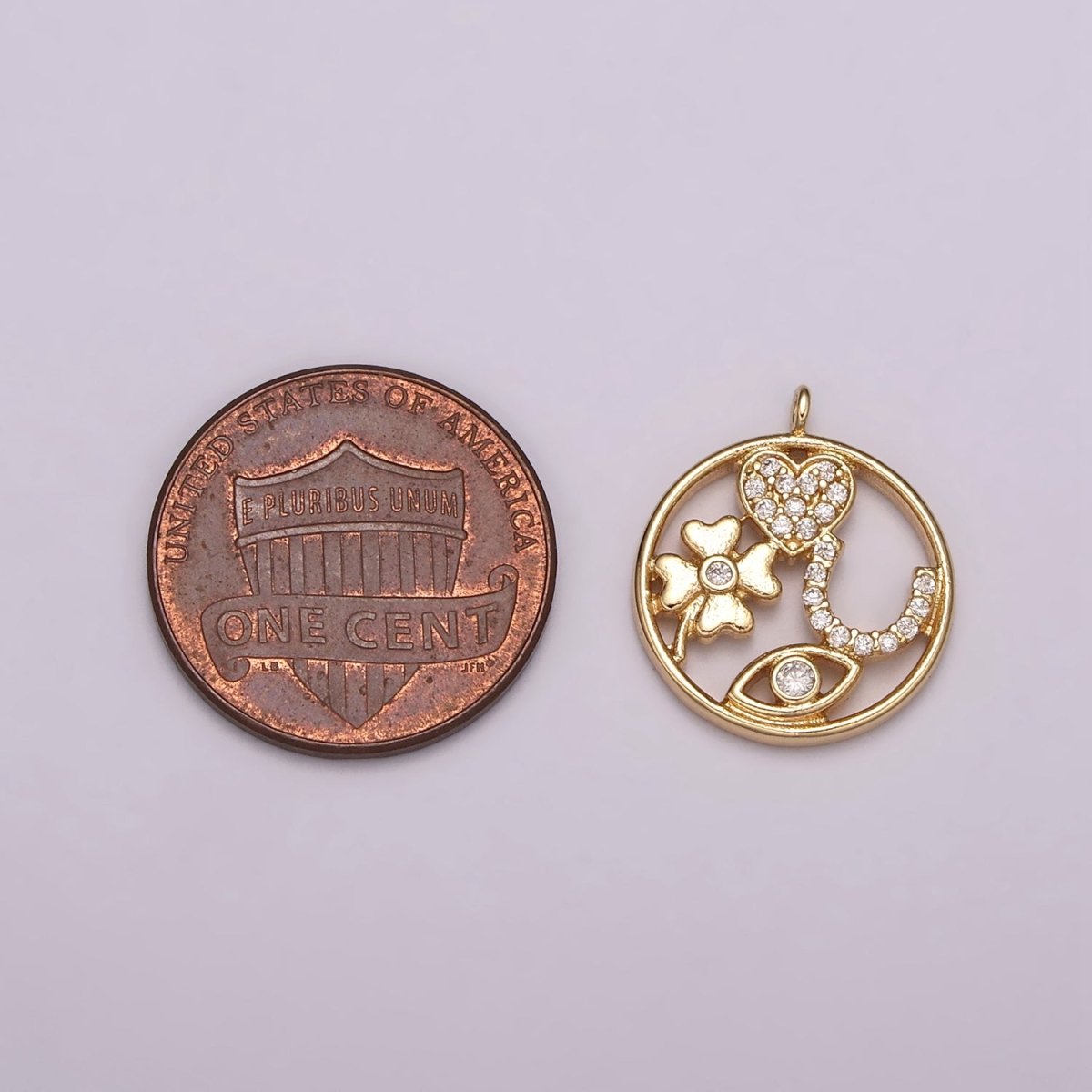 16K Gold Filled Micro Paved Micro Paved CZ Heart Horseshoe Clover Evil Eye Round Open Charm N-176