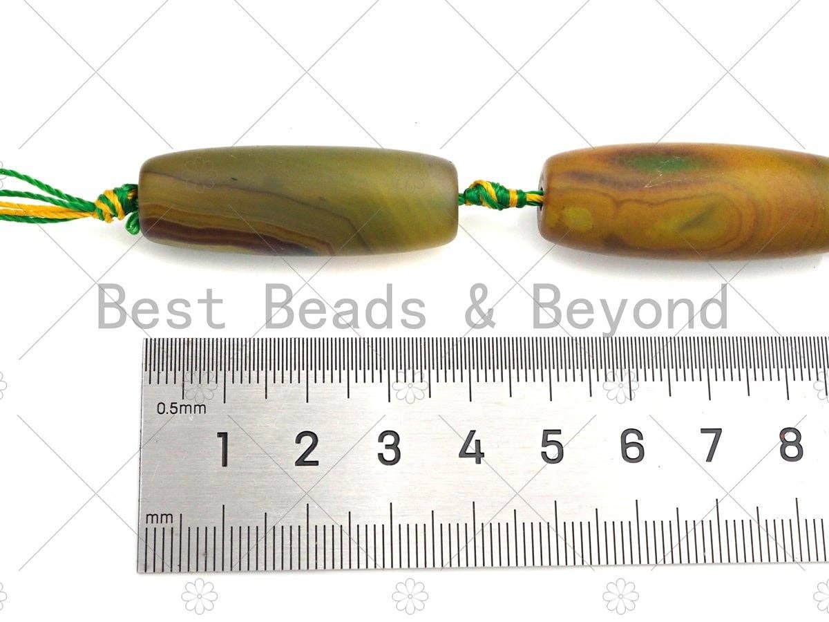 Natural Matt Green Brown Agate Barrel Spacer Beads, Tibetan