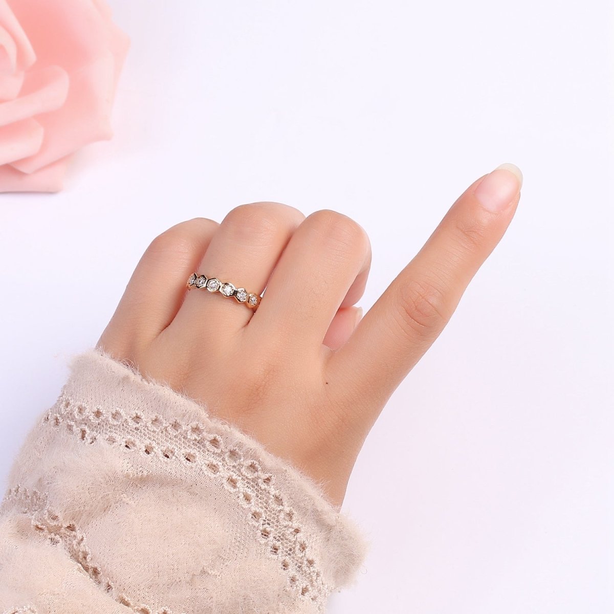 18K Gold Filled CZ Hexagon Band Adjustable Ring O-325