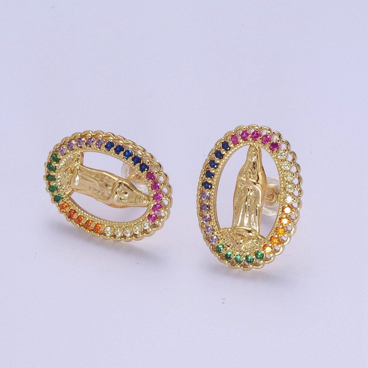 18K Gold Filled Lady Guadalupe Stud Earring with Clear Rainbow Cubic Zirconia V-102 V-103