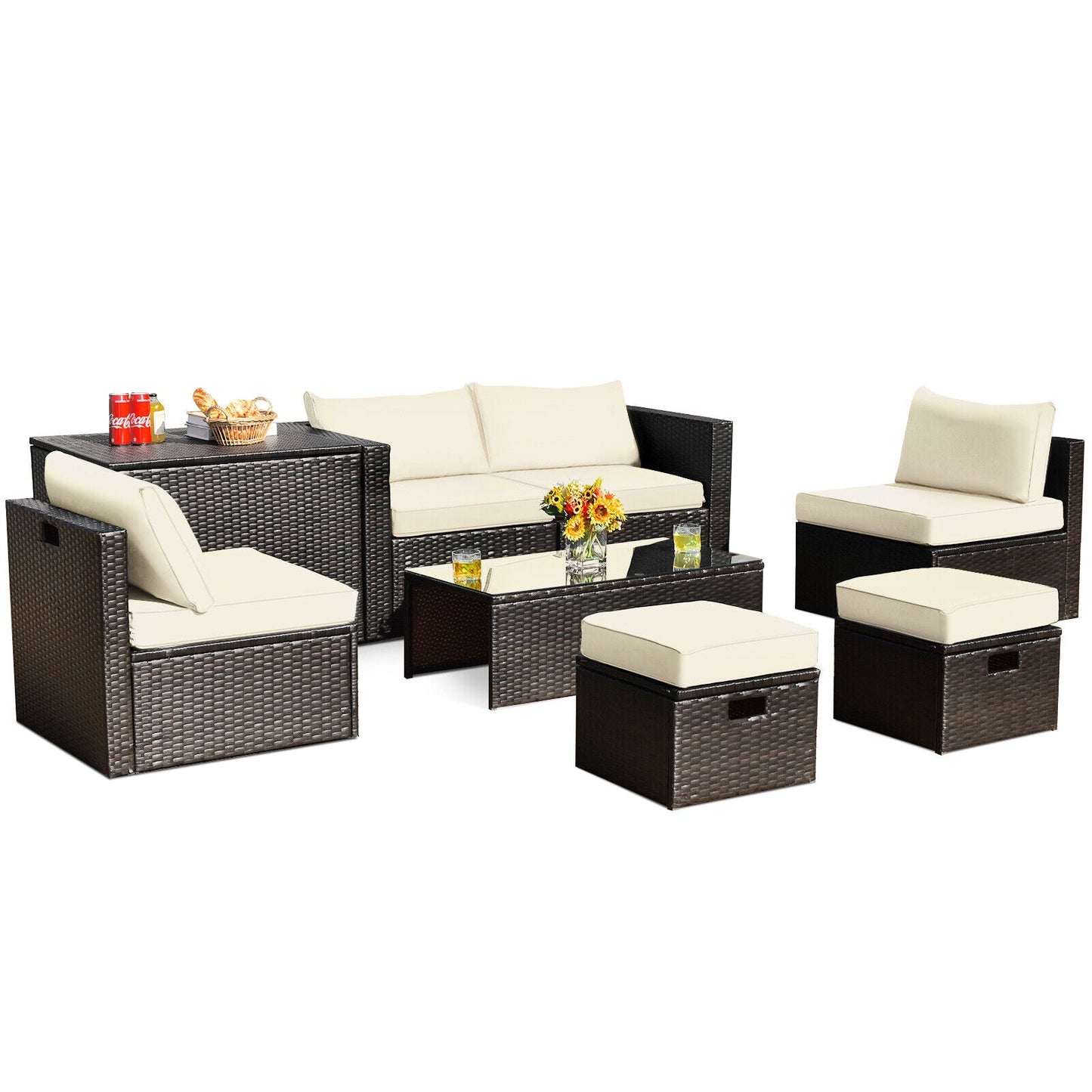 8 Pieces Patio Space-Saving Rattan Furniture Set with Storage Box and Waterproof Cover-Gray