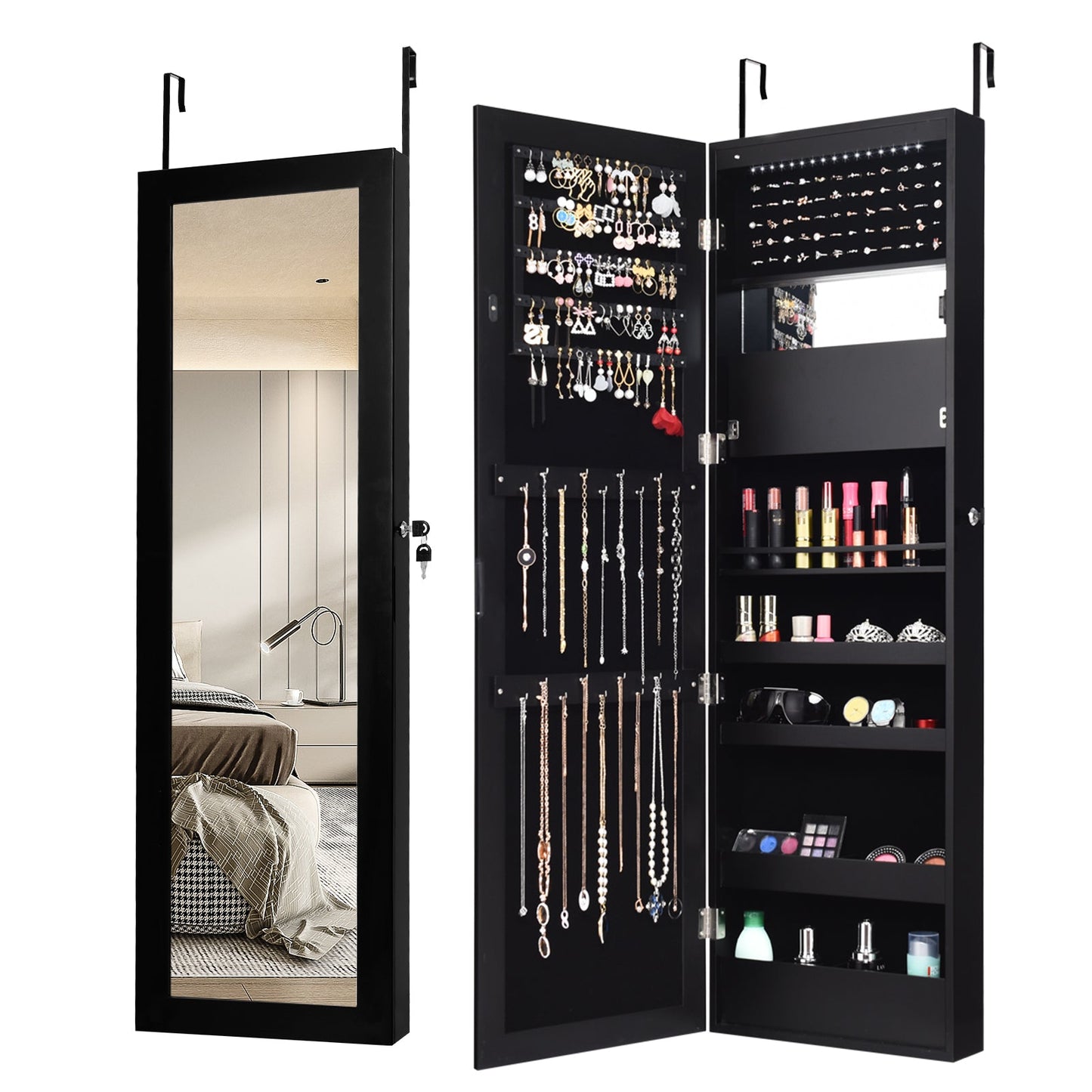 Lockable Wall Door Mounted Mirror Jewelry Cabinet w/LED Lights